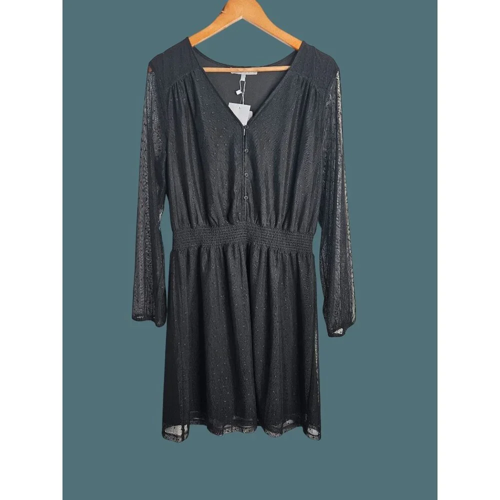 Danielrainn Black V Neck Polka Dot Sheer Long Sleeve Dress Women Large - Picture 2 of 11